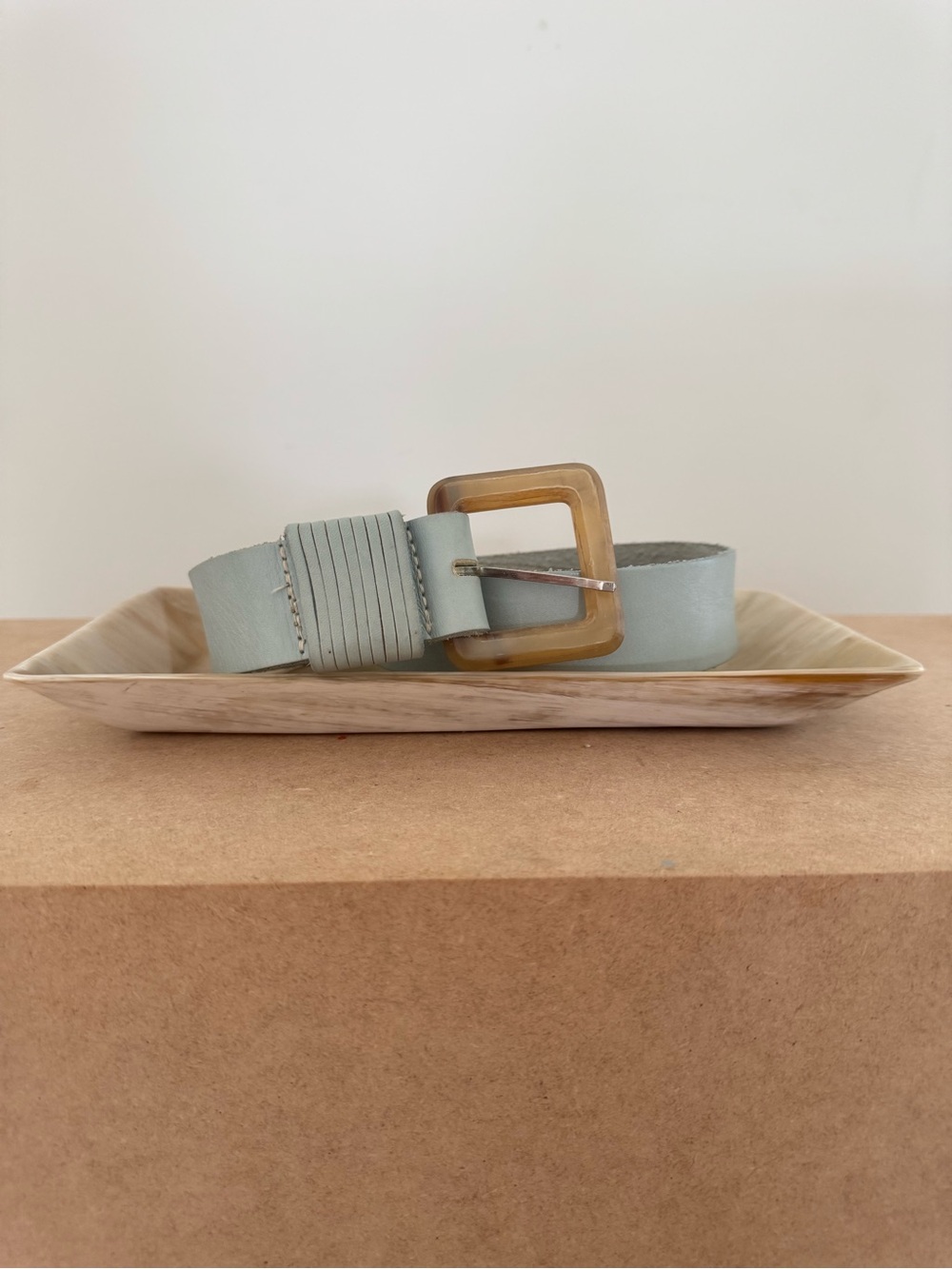 ⁠CALVIN KLEIN Vintage Leather Statement Belt Pastel Blue Carved Horn Buckle S